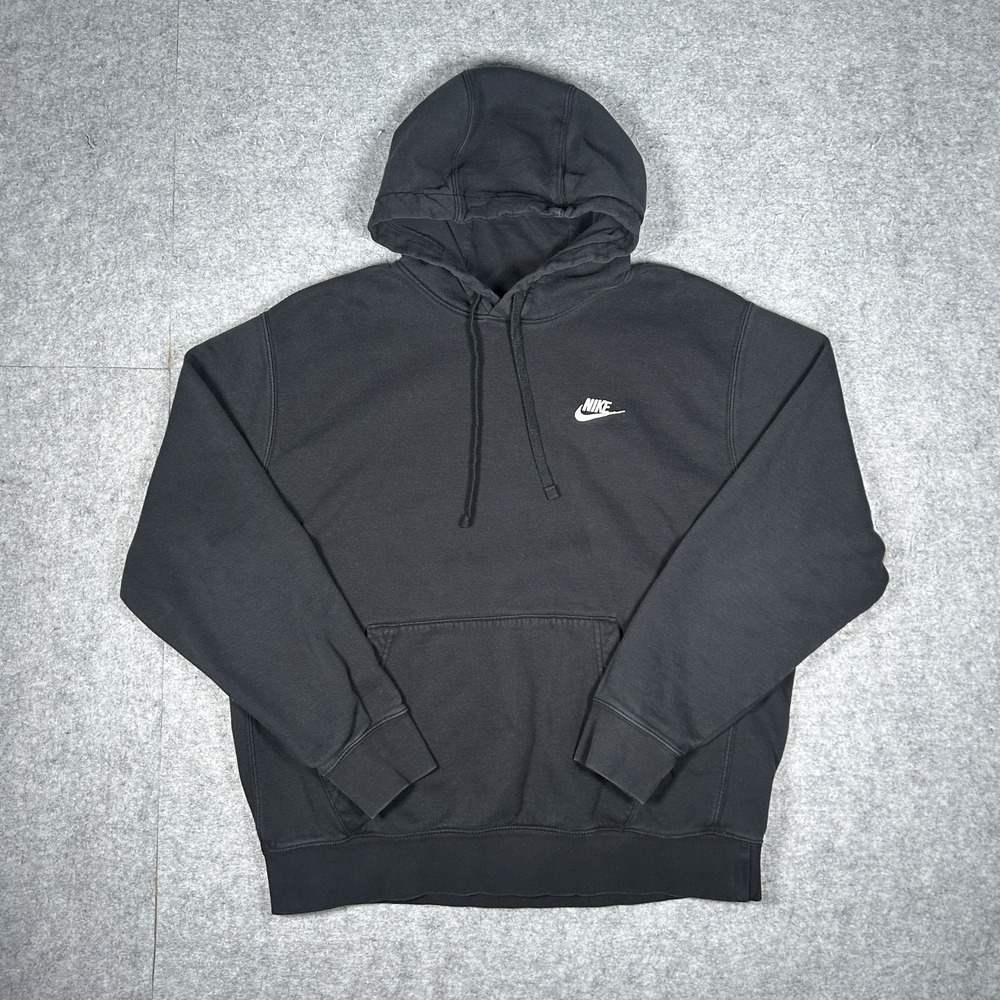 Nike Club Fleece Hoodie Mens Large Black Faded Swoosh Pullover Streetwear